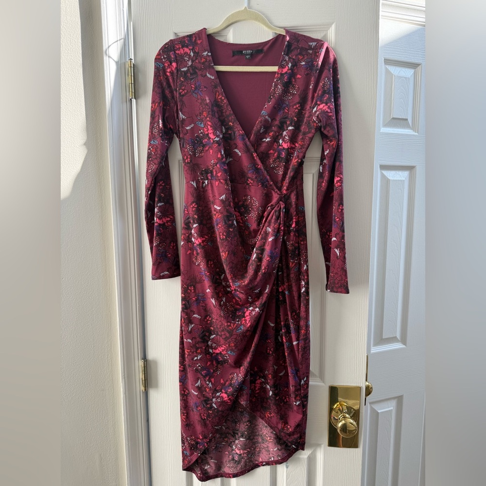 Guess Burgundy Floral Long Sleeve Dress